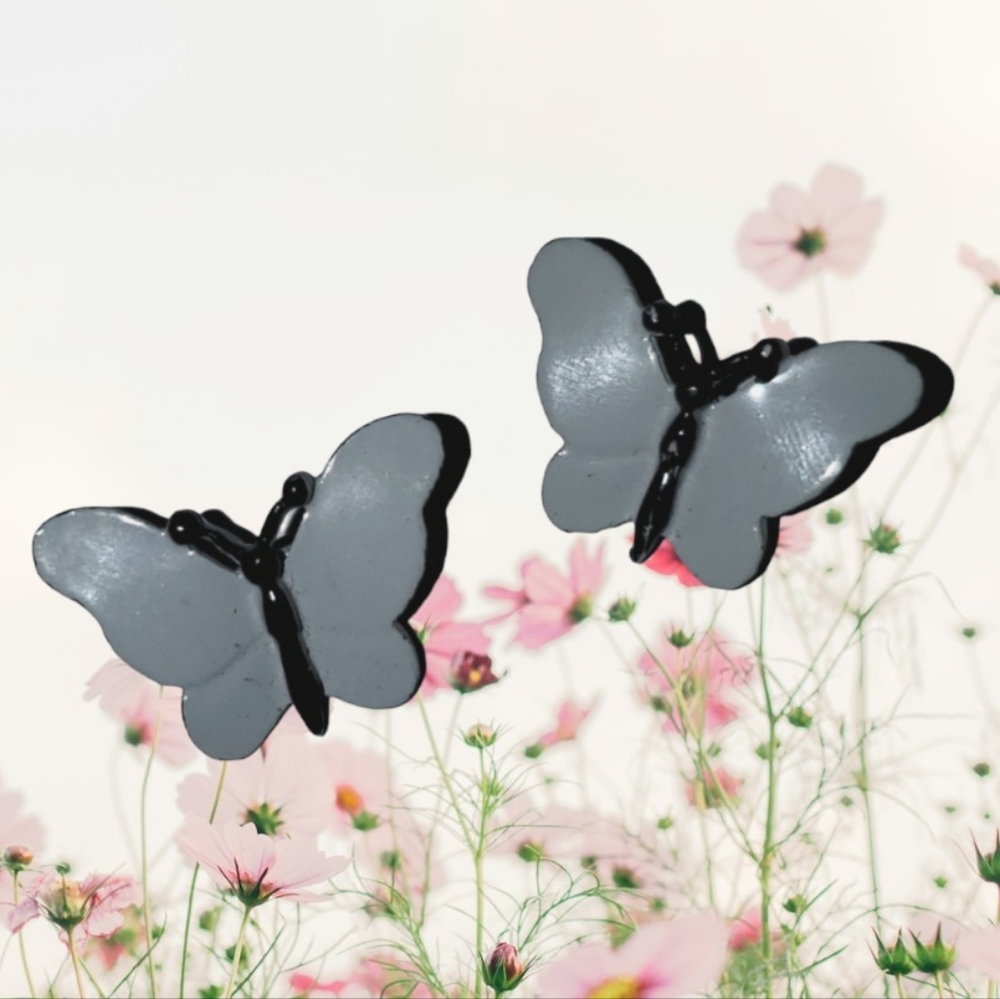 2 Silver Gray & Black Butterfly Tiny 1" Moth Pins Brooches